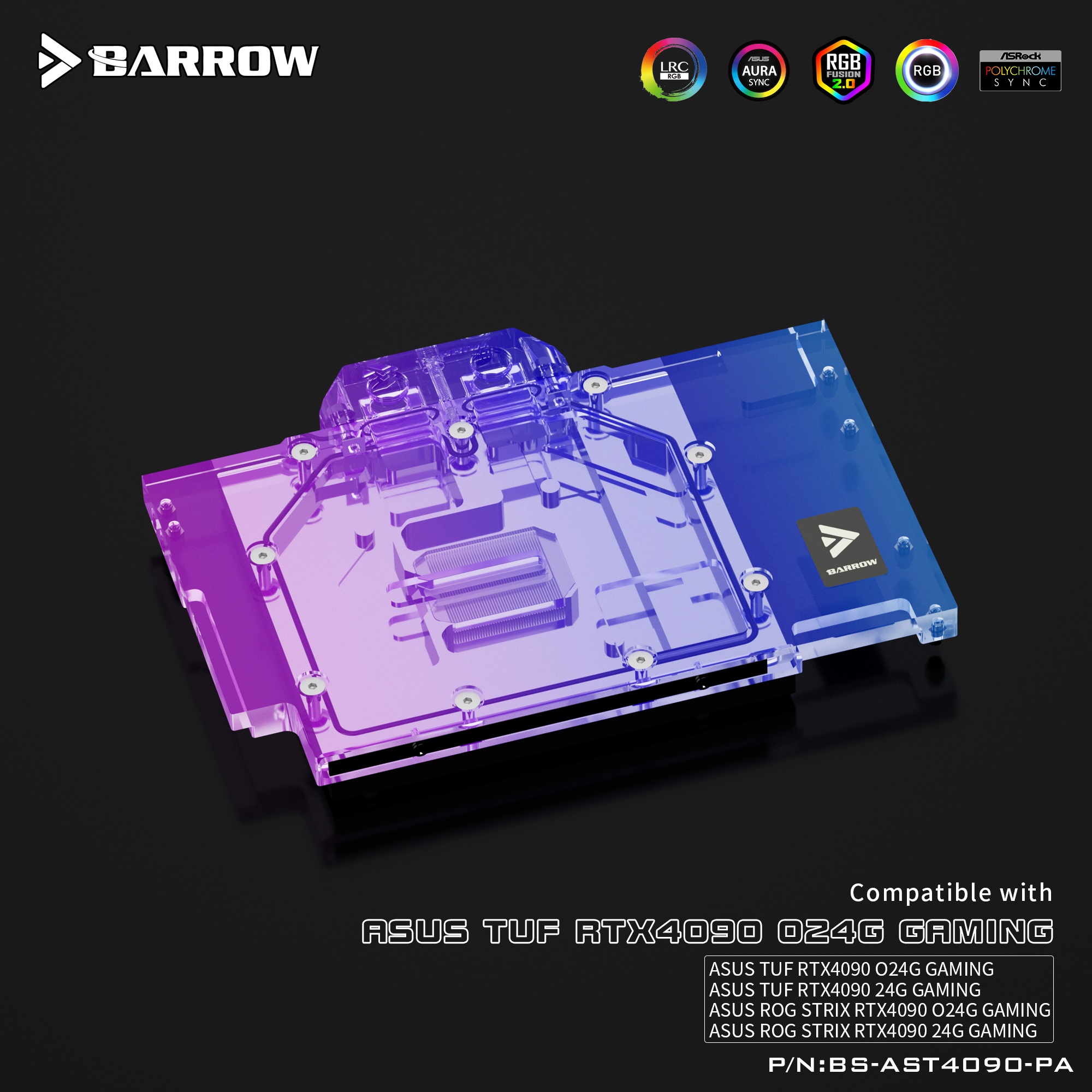 Barrow ASUS TUF / STRIX 4090 Aurora, LRC 2.0 RGB Graphics Card Waterblock + Backplate